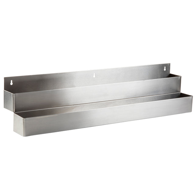 A 42-inch, wall-mounted stainless steel shelf with two horizontal tiers. Each tier forms a tray-like compartment for storage, and the brushed metal shelf includes pre-drilled holes for mounting on a flat surface.