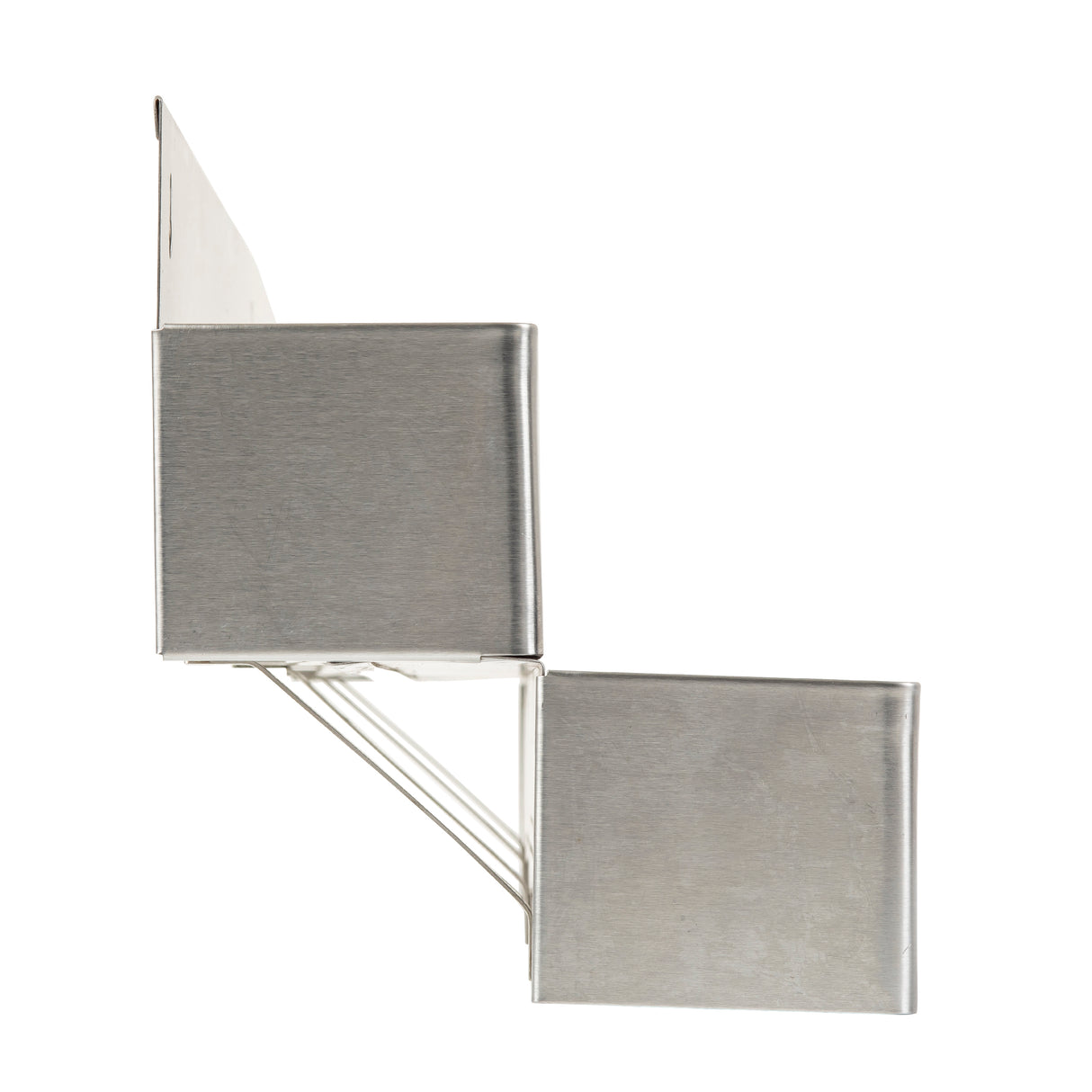 Side view of a 42 inch, wall-mounted, two-tier shelf with rectangular compartments. The shelves feature a brushed stainless steel finish and are connected by angled metal supports underneath, forming a stepped, staggered arrangement against a white background.