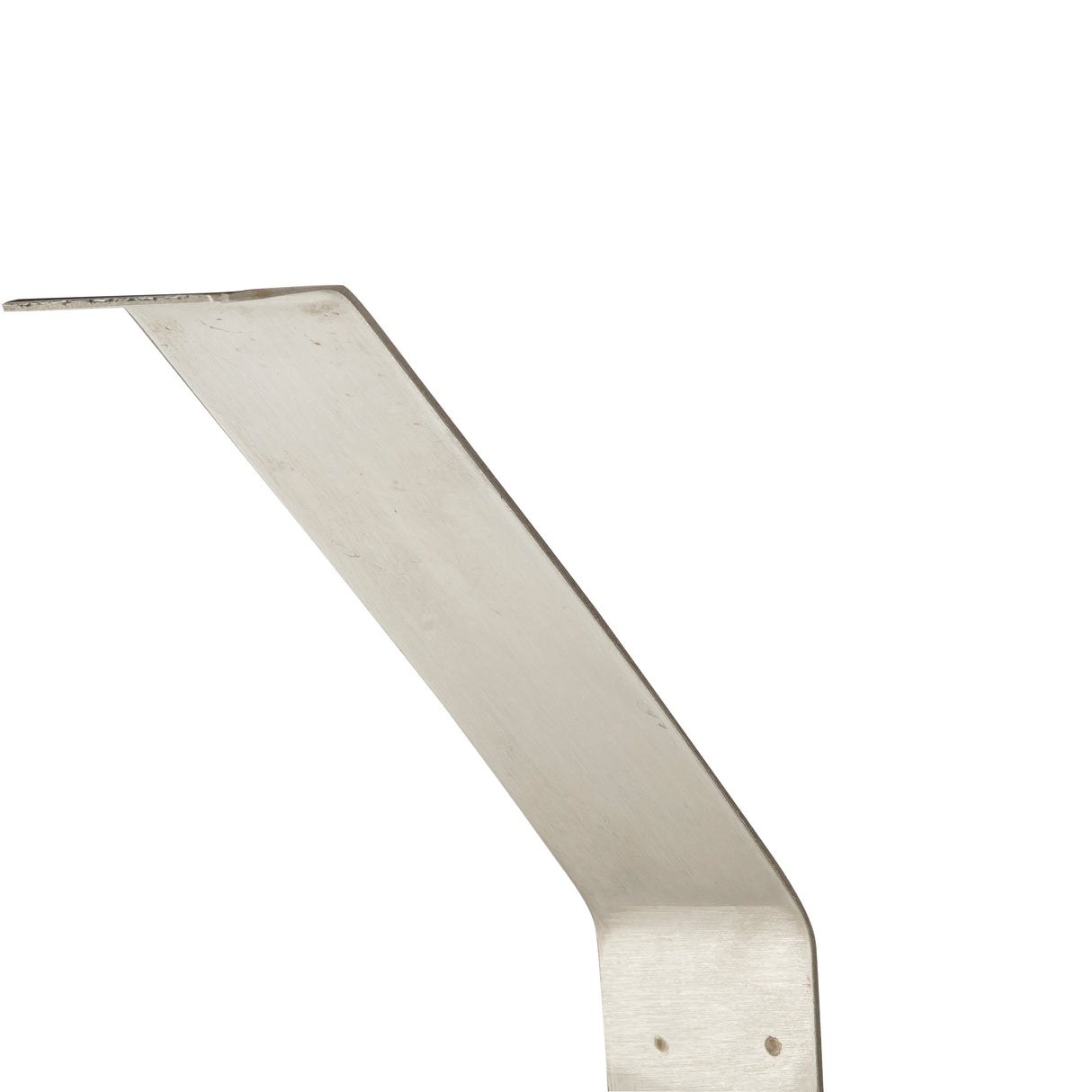A stainless steel L-shaped bracket with a sharp bend and two visible holes for mounting, positioned against a plain white background. The brushed surface gives it a matte finish, and the top section angles upward sharply from the base.