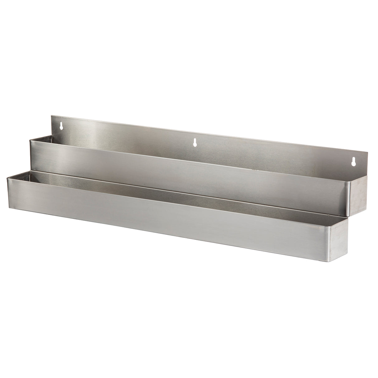 A 42 inch stainless steel speed rail wall-mounted organizer with two long, rectangular tiers. Each open-top compartment offers ample storage. The brushed metal finish and minimalist design ensure both function and style, with two holes on the back for secure mounting.