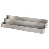 A 42 inch stainless steel speed rail wall-mounted organizer with two long, rectangular tiers. Each open-top compartment offers ample storage. The brushed metal finish and minimalist design ensure both function and style, with two holes on the back for secure mounting.
