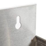 A close-up of a brushed stainless steel panel with a keyhole-shaped mounting hole, allowing the panel to be secured to a wall. The edges are smooth, and part of a second metallic surface is visible in the bottom right corner. The background is plain white.