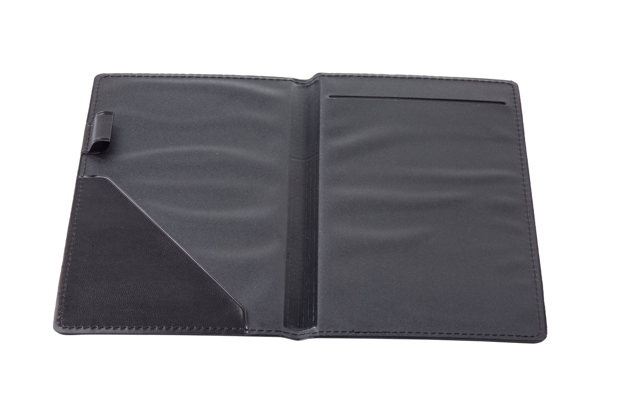 An open black leather Order Holder with stitched edges. Inside, it features a pen holder on the left, a diagonal pocket at the bottom left, and a horizontal slot on the right. Made in USA and photographed on a white background.