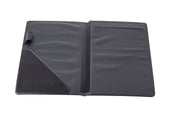 An open black leather Order Holder with stitched edges. Inside, it features a pen holder on the left, a diagonal pocket at the bottom left, and a horizontal slot on the right. Made in USA and photographed on a white background.