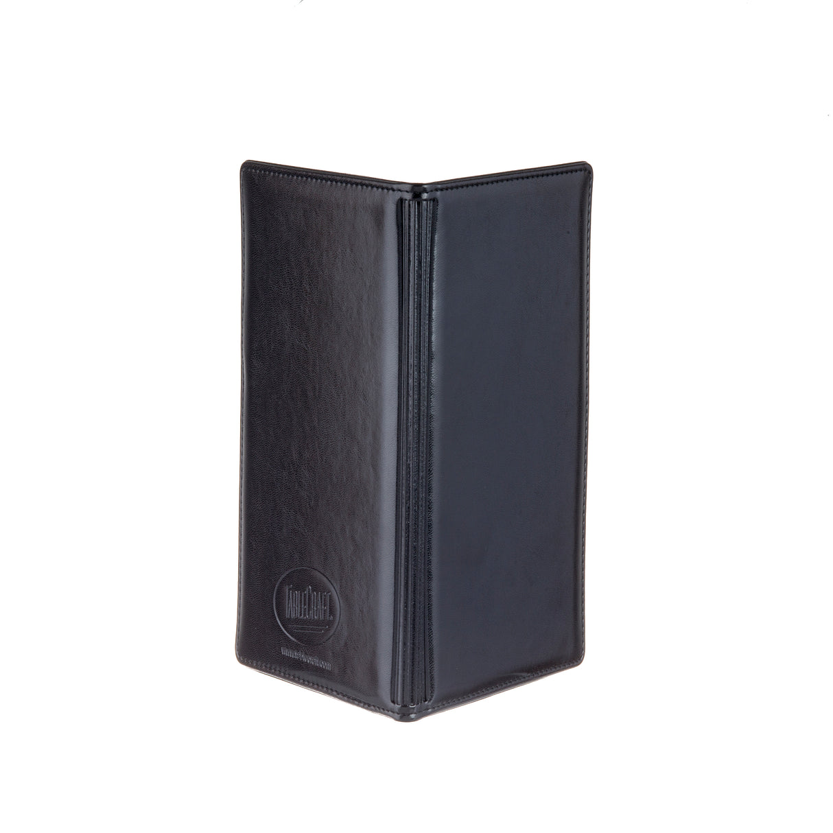 A black, bi-fold leather Order Holder stands upright with its cover slightly open, displaying a smooth texture. The “World Grill” logo is embossed on the front lower left corner. Made in USA by TableCraft. The background is plain white.