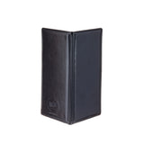 A black, bi-fold leather Order Holder stands upright with its cover slightly open, displaying a smooth texture. The “World Grill” logo is embossed on the front lower left corner. Made in USA by TableCraft. The background is plain white.
