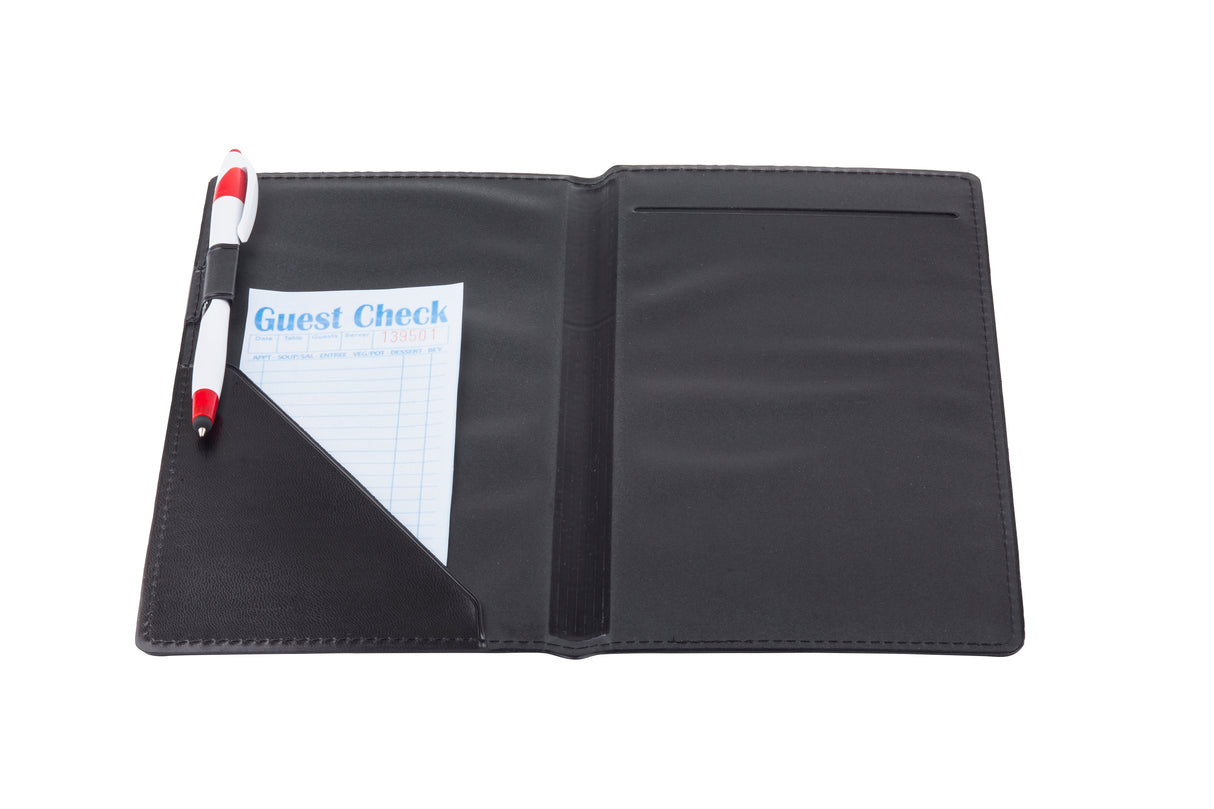An open black Order Holder check presenter, made in USA, with a red and white pen in the left pocket and a blue and white “Guest Check” receipt. The right side features an empty bill slot. The background is clean white.