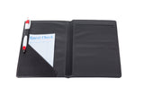 An open black Order Holder check presenter, made in USA, with a red and white pen in the left pocket and a blue and white “Guest Check” receipt. The right side features an empty bill slot. The background is clean white.