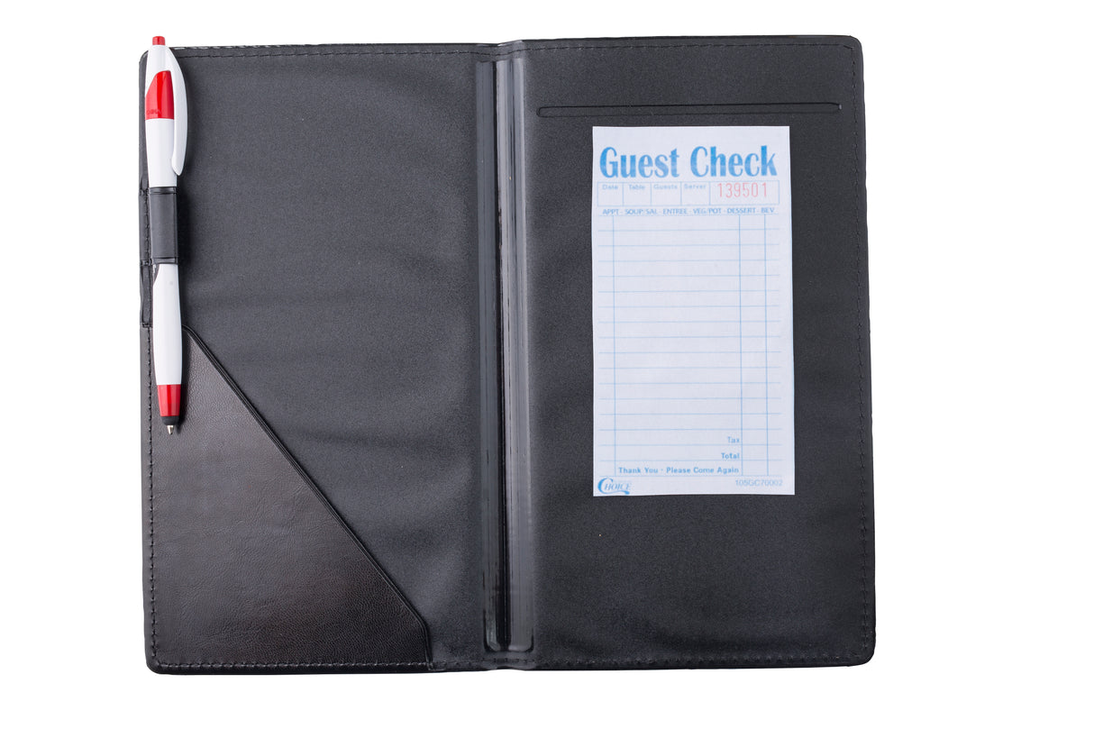 A TableCraft black bill holder folder is open, showing a red and white pen in a side loop and a blank blue guest check receipt on the right. The guest check has spaces for itemized orders, tax, and total, with "Guest Check" printed at the top.