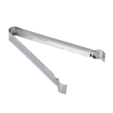 A pair of stainless steel Pom Tongs with a simple, V-shaped design. Each end features a slightly curved, scalloped gripping edge for securely holding food. The tongs are dishwasher safe and placed on a white background.