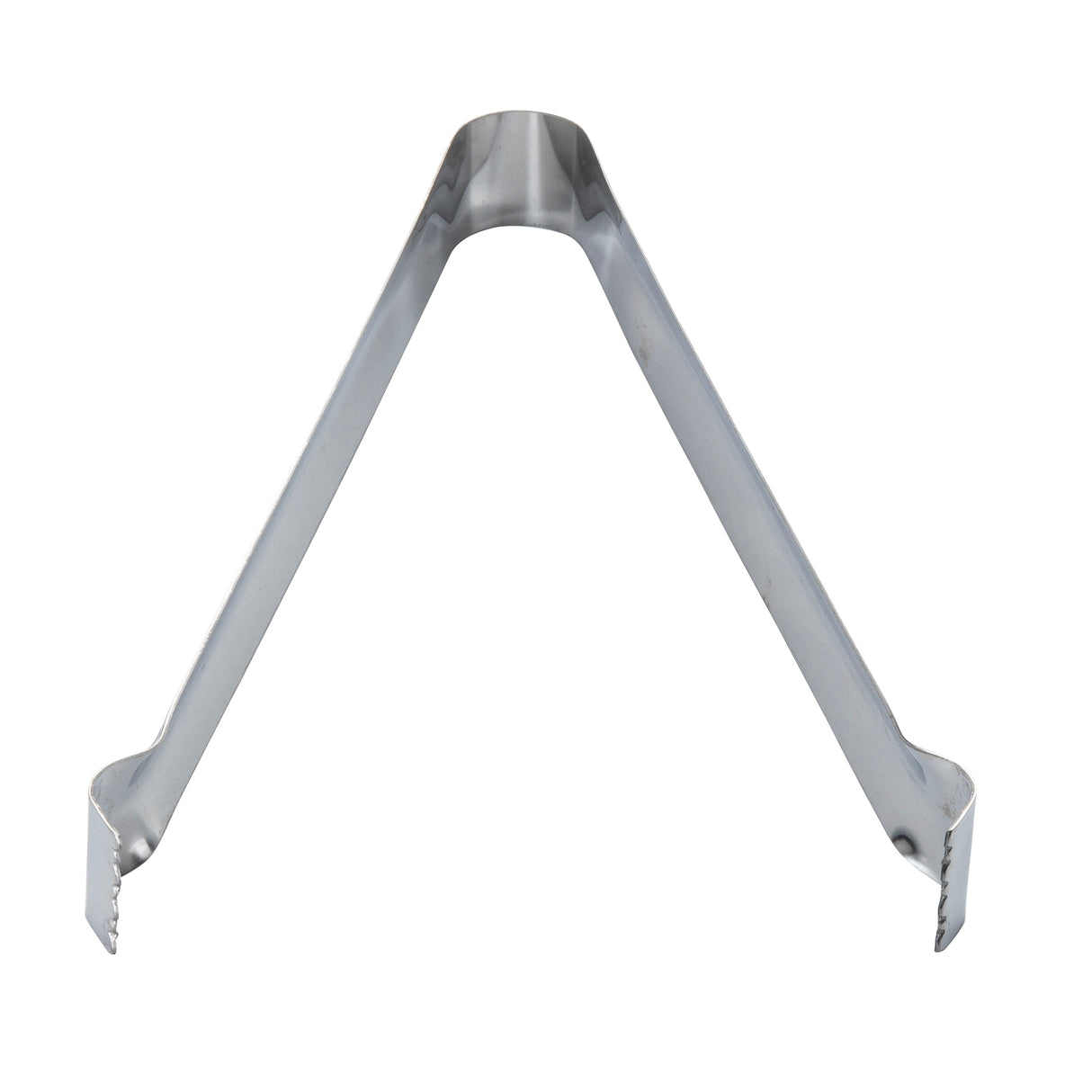 A pair of Pom Tongs made from shiny, stainless steel is shown against a white background. The V-shaped design features flat gripping ends with small, evenly spaced teeth for a secure grip and is dishwasher safe for easy cleaning.