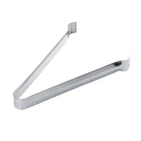 A pair of stainless steel ice tongs with a simple, angular design. Each end has small, jagged teeth for gripping ice cubes. The Pom Tongs feature a shiny, minimalist look and are dishwasher safe for easy cleaning.