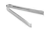 A pair of stainless steel Pom Tongs with a simple, flat design. Both ends have small, serrated edges for gripping food. These tongs are slightly open, dishwasher safe, and are positioned on a plain white background.