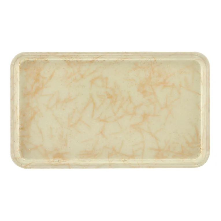 A rectangular Camtray with rounded corners, featuring a cream-colored surface and a light marbled pattern in beige tones. Made from high-impact fiberglass, this tray has slightly raised edges, a glossy finish, and is dishwasher safe.