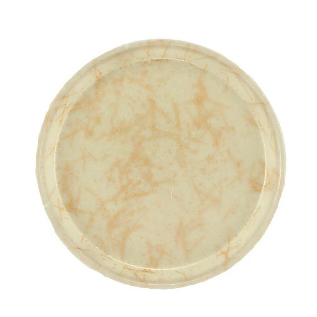 A circular, beige Serving Camtray with a glossy finish, featuring subtle brown marbled veins throughout the surface. The plate appears ceramic, is dishwasher safe, and is shown from a top-down view against a plain white background.