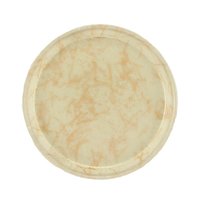 A round, flat Serving Camtray with a beige base and light brown marble-like streaks and veins throughout. The tray has a smooth, glossy finish, is dishwasher safe, and features a slightly raised rim for an elegant appearance. Background is plain white.