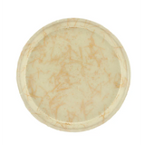 A round, flat Serving Camtray with a beige base and light brown marble-like streaks and veins throughout. The tray has a smooth, glossy finish, is dishwasher safe, and features a slightly raised rim for an elegant appearance. Background is plain white.