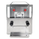 A close-up view of a Saratoga Swirls Fry Cutter’s metal back panel, featuring two black knobs, two red buttons, certification labels, and a metallic stand. The electric fry cutter has a rectangular, industrial design with visible hardware and safety markings.