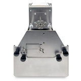 A stainless steel fry cutter with a sloped front, four black handles, a small lever, and a round mechanism with multiple prongs inside. Its industrial design suggests it's made for efficient food preparation or making Saratoga Swirls fries.