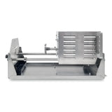 A sleek, industrial stainless steel rotisserie attachment with a rectangular base, horizontal spit rod, gear mechanism, and a vented enclosure—designed for even grilling. Complements your stainless steel fry cutter setup for outdoor cooking perfection.