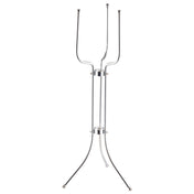 A tall, chrome plated metal stand with a modern design features two curved legs at the bottom and four upward-pointing hooks at the top. Sleek and minimalistic, this TableCraft piece is ideal for hanging coats or hats. The background is white.