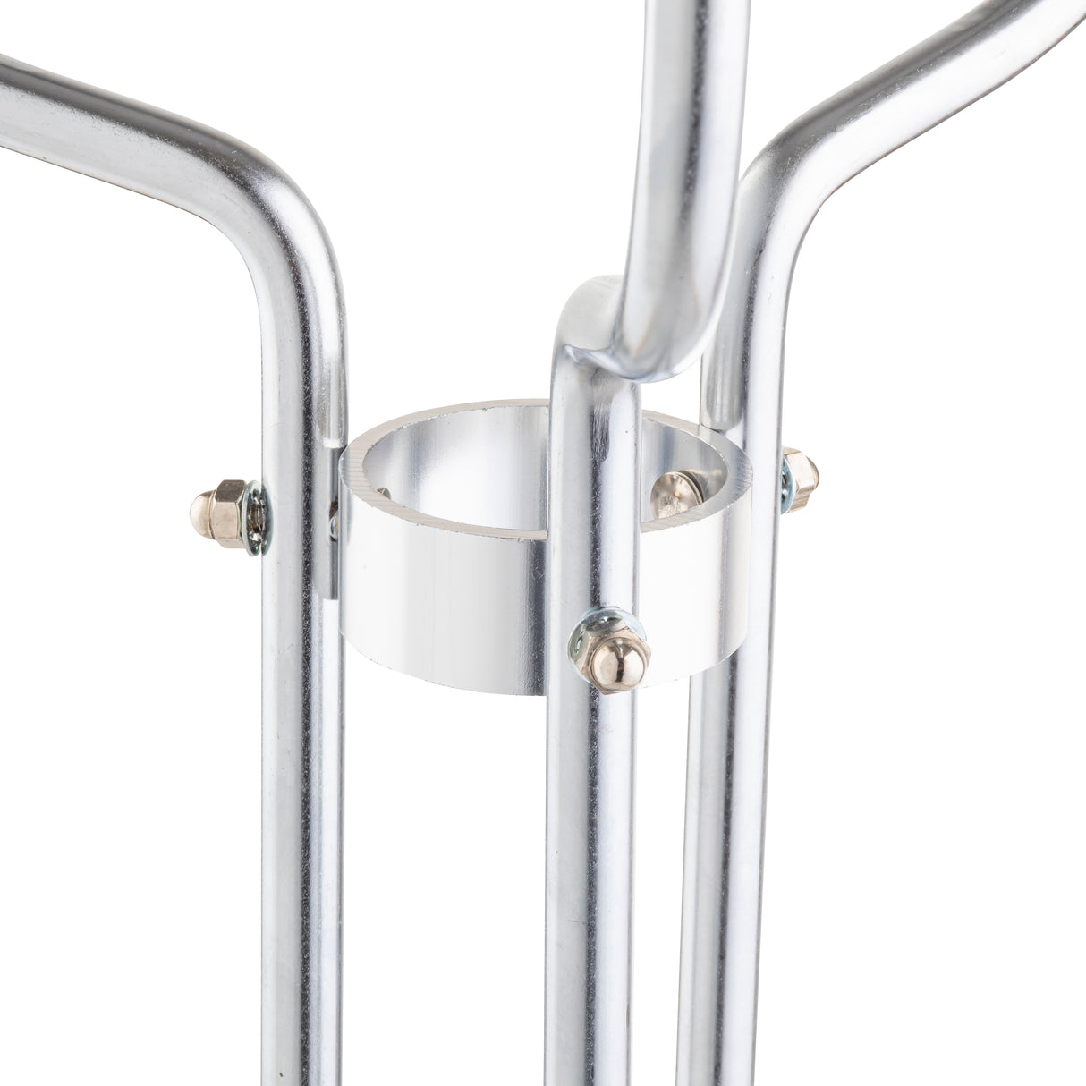 Close-up of a chrome plated metallic joint structure, similar to those found in a TableCraft wine bucket stand, featuring shiny silver tubular rods connected by a circular central bracket and secured with bolts for a clean, industrial appearance.