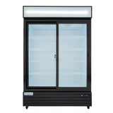 A commercial refrigerator with a black frame and two sliding glass doors, the Empura ESM-50B displays four empty white shelves inside. This refrigerated merchandiser features a lighted top panel and an Empura label at the lower left corner.