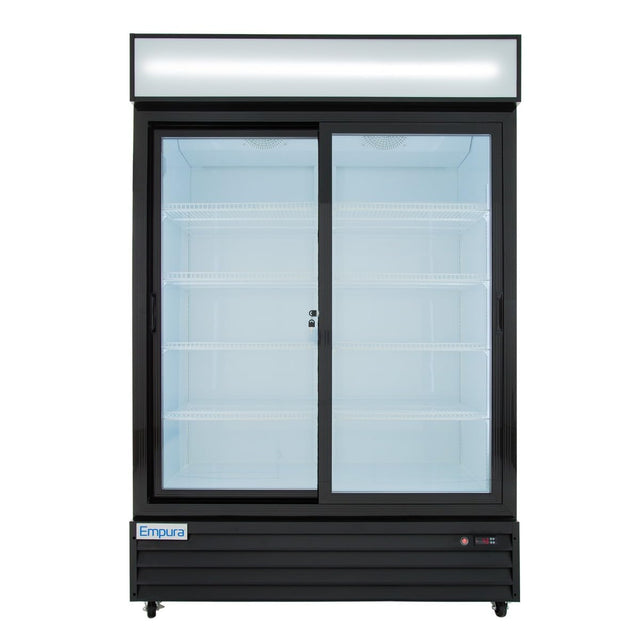 A commercial refrigerator with a black frame and two sliding glass doors, the Empura ESM-50B displays four empty white shelves inside. This refrigerated merchandiser features a lighted top panel and an Empura label at the lower left corner.