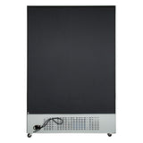 A large black commercial refrigerator is shown from the back. The bottom features a gray vented panel, coiled black power cord, and compressor. Small black caster wheels at the corners offer mobility.