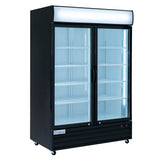 The Empura EGM-50B commercial refrigerated merchandiser features double glass doors, clear shelves, interior lighting, and a temperature-controlled display. Its black-framed unit stands on wheels for easy mobility, with the Empura brand visible at the bottom left corner.