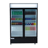 A commercial refrigerated merchandiser, the Empura EGM-50B displays assorted drinks in a temperature-controlled display. Rows of green bottles, cans, brown and clear bottles line the shelves above colorful juices and water in this well-lit fridge on wheels.