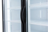 Close-up of an Empura EGM-50B commercial refrigerated merchandiser with two glass doors, black handles, and empty white wire shelves. Bright lighting illuminates the spacious, temperature-controlled display and highlights its modern, sleek design.