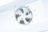 A close-up view of a white ventilation fan with a circular grille cover mounted on a white ceiling, reminiscent of the clean, minimal design often found in commercial refrigerated merchandiser units like the Empura EGM-50B.