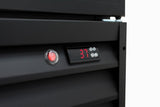 Close-up of a black Empura EGM-50B commercial refrigerated merchandiser, featuring a red power switch on the left and a temperature-controlled display showing 37 in red, surrounded by four gray buttons. The background is plain white.