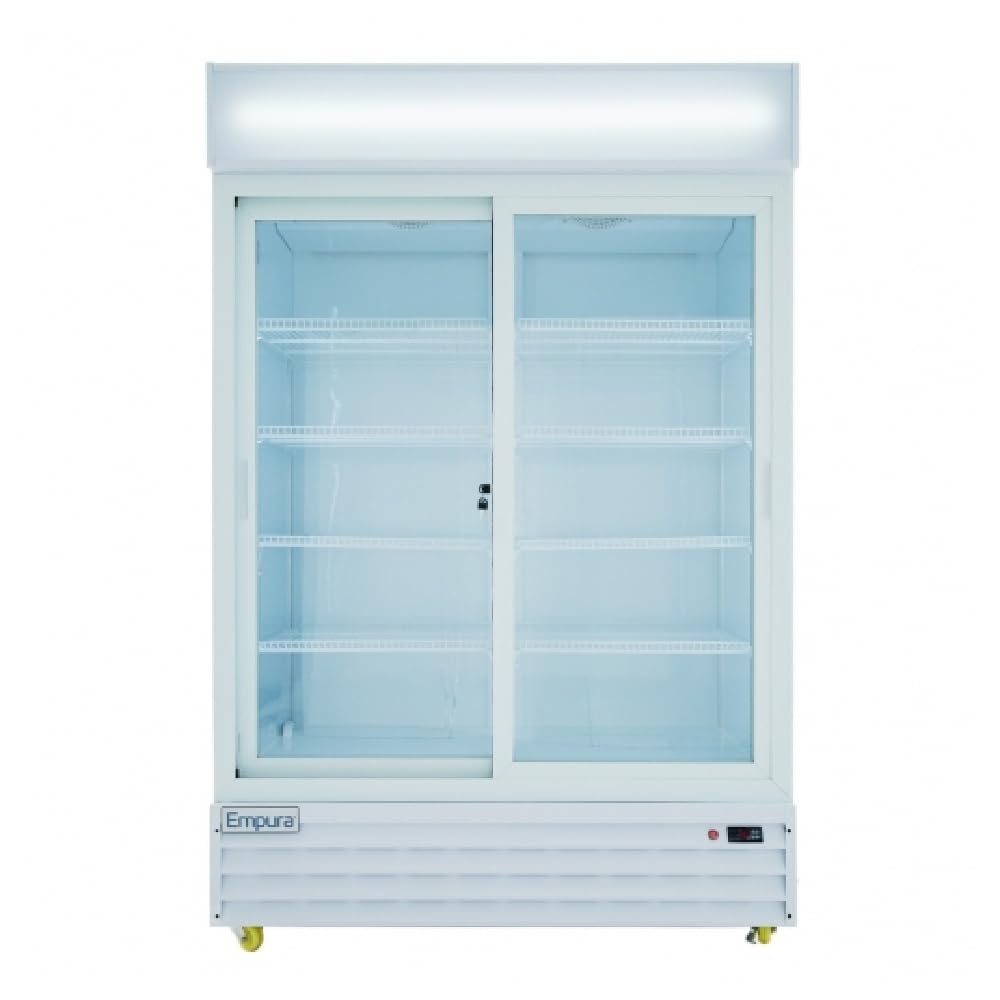 A large Empura Refrigeration glass-door refrigerated merchandiser with two sliding doors, four empty white wire shelves, bright interior lighting, and a white exterior. The brand name Empura is on the lower left front panel. Unit stands on small wheels.