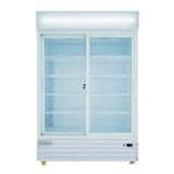 A large Empura Refrigeration glass-door refrigerated merchandiser with two sliding doors, four empty white wire shelves, bright interior lighting, and a white exterior. The brand name Empura is on the lower left front panel. Unit stands on small wheels.