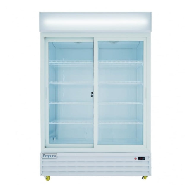 A large Empura Refrigeration glass-door refrigerated merchandiser with two sliding doors, four empty white wire shelves, bright interior lighting, and a white exterior. The brand name Empura is on the lower left front panel. Unit stands on small wheels.