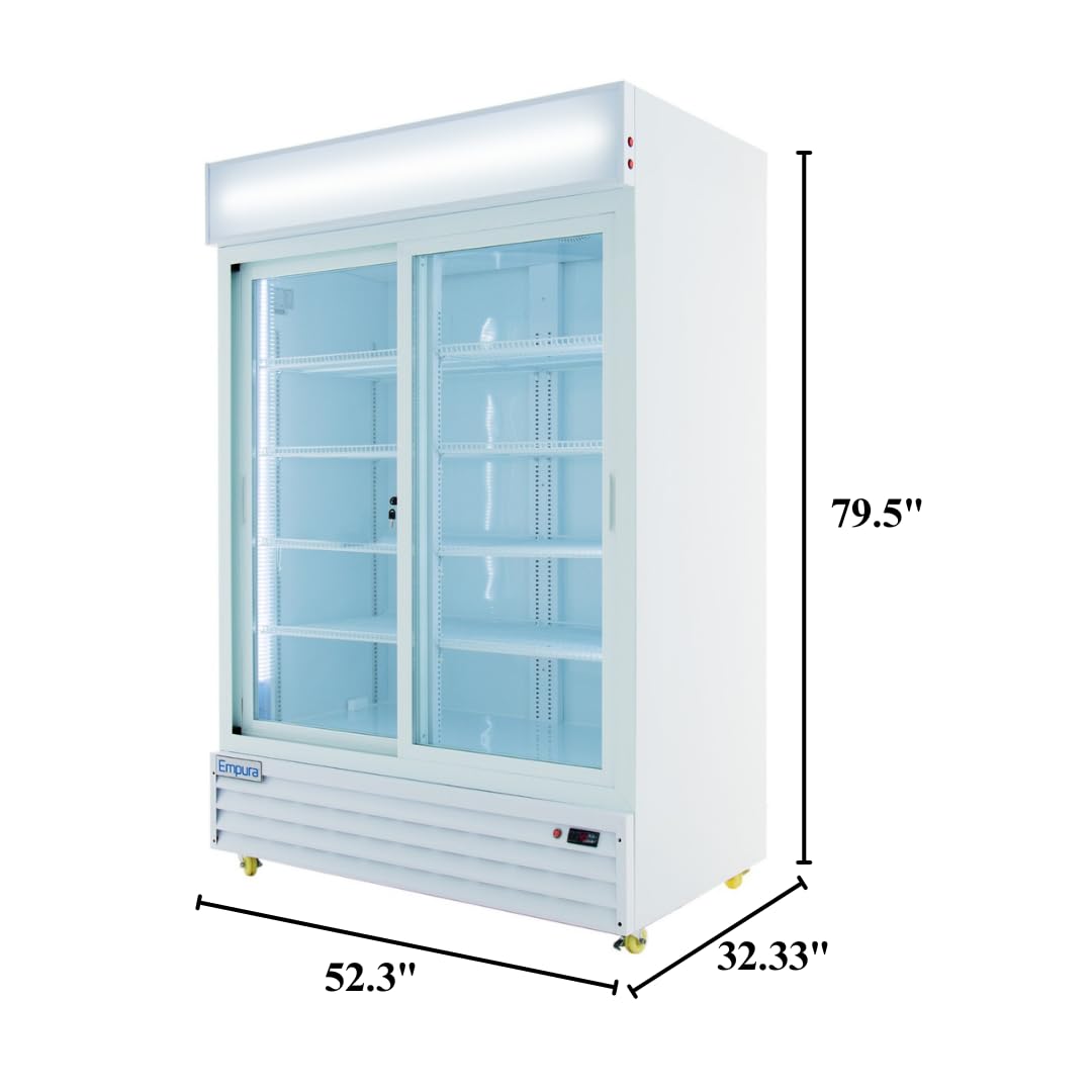 This Empura Refrigeration merchandiser features glass sliding doors, a white frame, interior lighting, and multiple shelves. Dimensions: 79.5 tall, 52.3 wide, 32.33 deep—ideal for showcasing products in any commercial space.