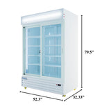 This Empura Refrigeration merchandiser features glass sliding doors, a white frame, interior lighting, and multiple shelves. Dimensions: 79.5 tall, 52.3 wide, 32.33 deep—ideal for showcasing products in any commercial space.