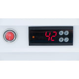A close-up of an Empura Refrigeration digital control panel shows the number 42 in red LED. Five gray buttons labeled Set line the display, while a large red power button sits to the left—ideal for any glass sliding doors refrigerated merchandiser.