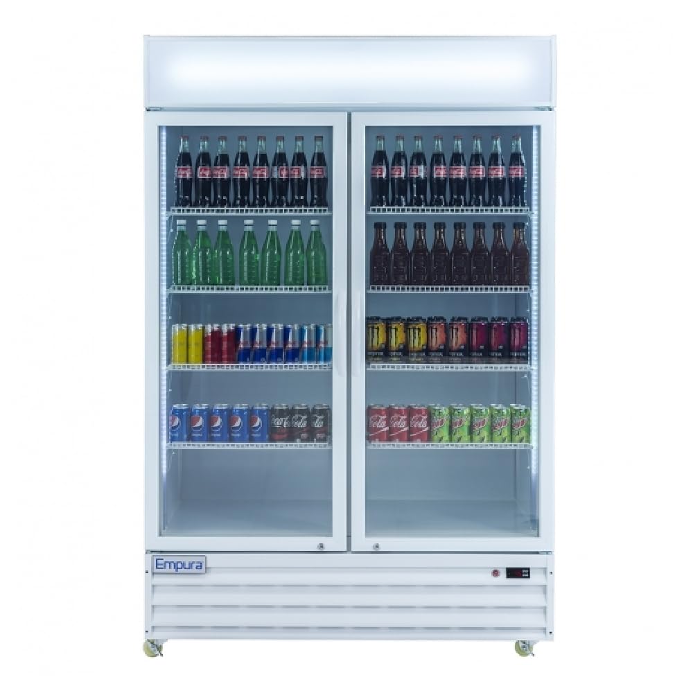 A commercial glass door merchandiser filled with assorted bottled and canned drinks, including colorful sodas in various brands, arranged neatly on five shelves. The white fridge features Empura branding and a top sign panel—ideal for foodservice refrigeration needs.