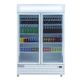 A commercial glass door merchandiser filled with assorted bottled and canned drinks, including colorful sodas in various brands, arranged neatly on five shelves. The white fridge features Empura branding and a top sign panel—ideal for foodservice refrigeration needs.