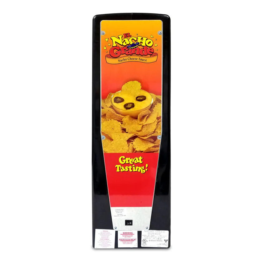 A tall, rectangular nacho cheese dispenser labeled El Nacho Grande Nacho Cheese Sauce features an image of nachos topped with cheese and jalapeños. This bright red unit uses a peristaltic pump to serve bagged cheese, with “Great Tasting!” displayed boldly.