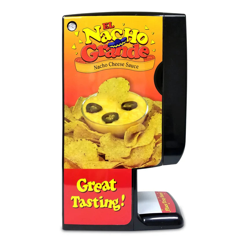 A Nacho Cheese Dispenser labeled “El Nacho Grande Nacho Cheese Sauce” displays a bowl of bagged cheese sauce topped with jalapeño slices, surrounded by tortilla chips. “Great Tasting!” is printed in bold yellow and red at the bottom.