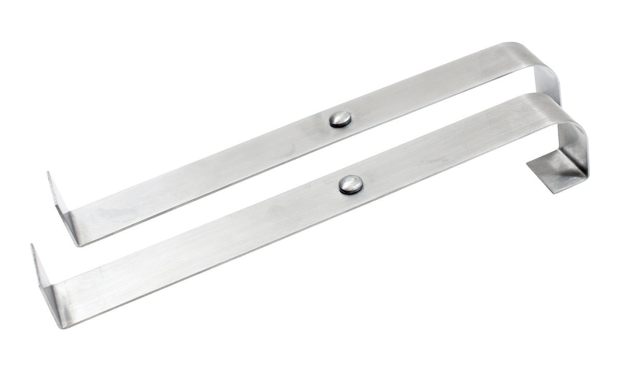 Two flat, stainless steel brackets with a smooth, brushed finish and rust resistant properties. Each Universal Speed Rail Hanger Strap has one hooked end, a right-angled end, and a round rivet in the center. They are placed parallel on a white background.
