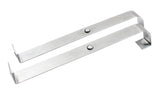 Two flat, stainless steel brackets with a smooth, brushed finish and rust resistant properties. Each Universal Speed Rail Hanger Strap has one hooked end, a right-angled end, and a round rivet in the center. They are placed parallel on a white background.