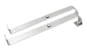 Two flat, stainless steel brackets with a smooth, brushed finish and rust resistant properties. Each Universal Speed Rail Hanger Strap has one hooked end, a right-angled end, and a round rivet in the center. They are placed parallel on a white background.
