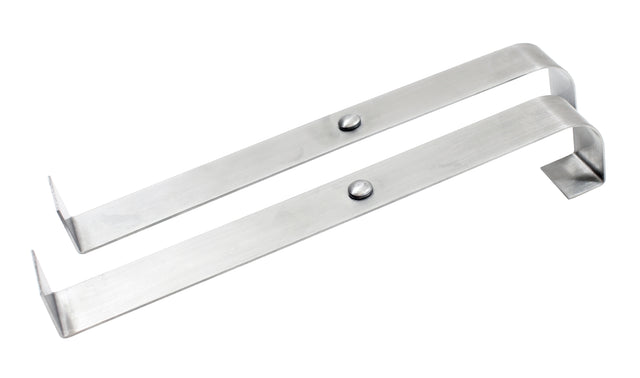 Two flat, stainless steel brackets with a smooth, brushed finish and rust resistant properties. Each Universal Speed Rail Hanger Strap has one hooked end, a right-angled end, and a round rivet in the center. They are placed parallel on a white background.