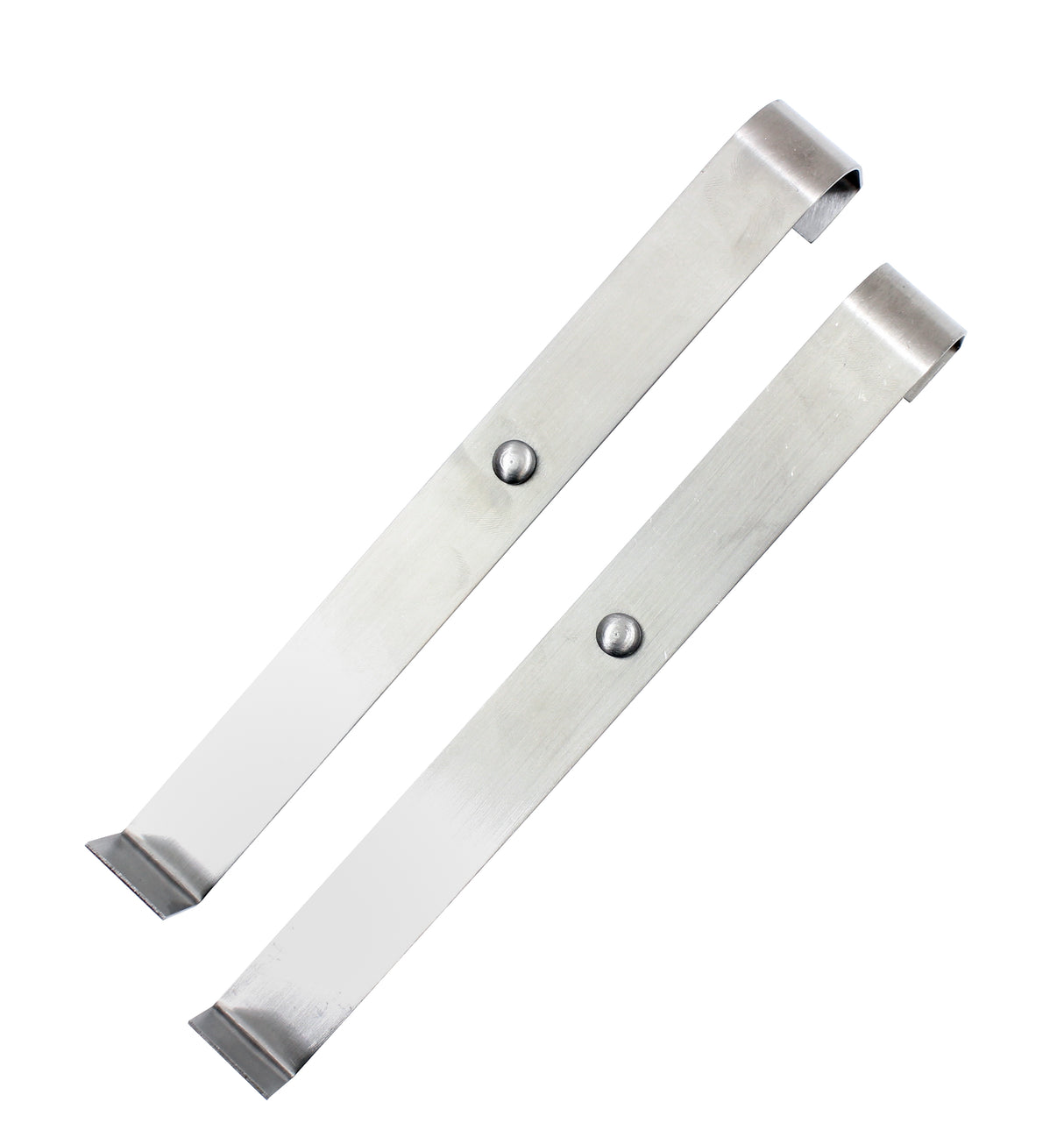 Two identical rust resistant metal tools with flat, angled tips and a single rivet in the middle. Each tool has a straight body and a curved end for prying or lifting objects. The brushed stainless steel construction ensures durability.