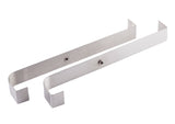 Two identical flat stainless steel brackets with a brushed finish, each bent at both ends to form hooks. A small protruding screw or stud is centered on each rust resistant bracket, positioned parallel against a plain white background.